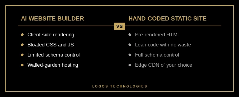 Comparison of AI builder output versus hand coded static site across rendering speed and SEO control