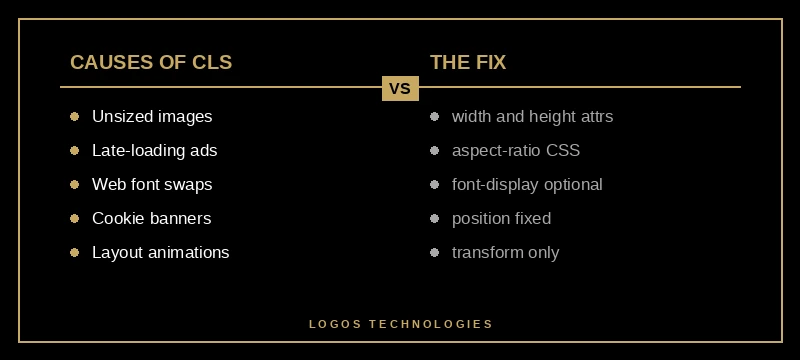 Comparison of layout shift causes and fixes including images, web fonts, ads, and animations on small business websites