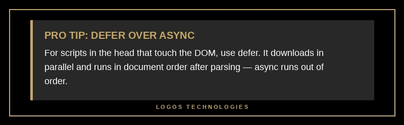 Code example showing the defer attribute on script tags moves rendering off the critical path