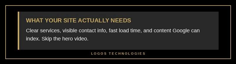 Tip infographic: What your site actually needs — clear services, contact info, fast load time, indexable content