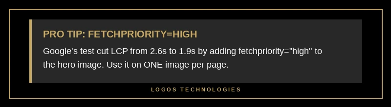 Use fetchpriority=high on your LCP image — Google's tests showed a 27% LCP improvement from this one attribute
