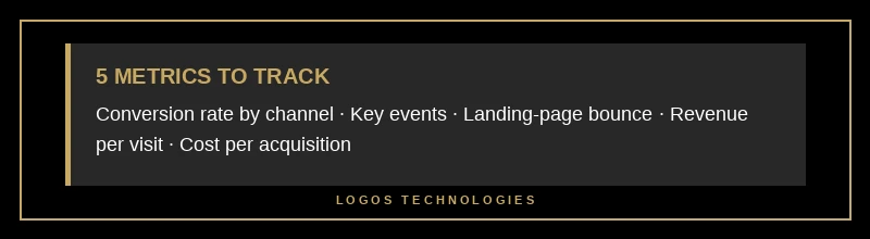 Five small business website analytics metrics that predict ROI: conversion rate by channel, key events, landing page bounce rate, revenue per visit, cost per acquisition