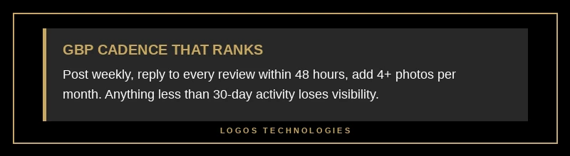 Pro tip: post weekly, reply within 48 hours, and add 4 plus photos a month to fight GBP visibility decay