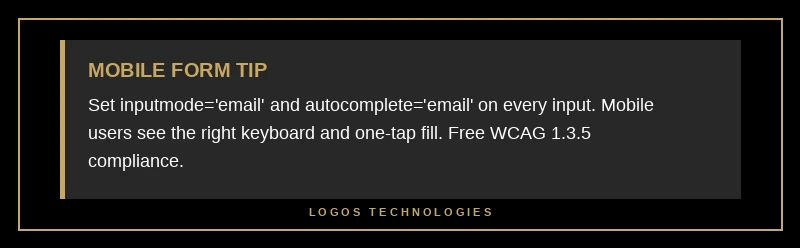 Pro tip showing inputmode and autocomplete attribute pattern for mobile-friendly form field markup