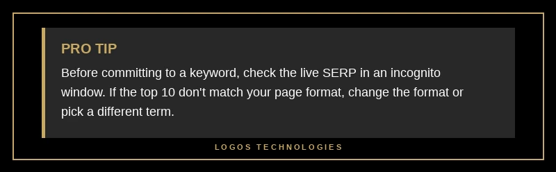 Pro Tip — match search intent by checking the live SERP in an incognito window before committing to a keyword