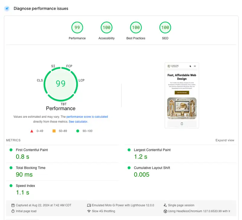 logos web designs pagespeed insights results