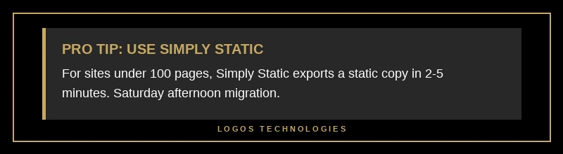 Pro tip block recommending the Simply Static plugin for fast WordPress to static migrations under 100 pages