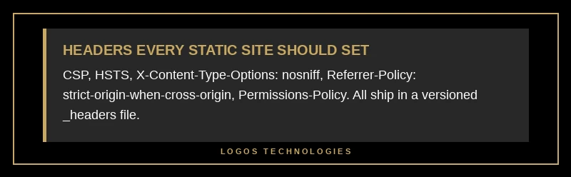 Security headers a static site should always set: CSP, HSTS, X-Content-Type-Options, Referrer-Policy, Permissions-Policy