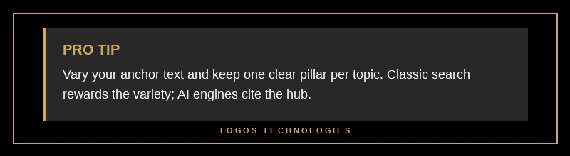 Pro tip infographic on varying internal link anchor text and keeping one clear pillar hub