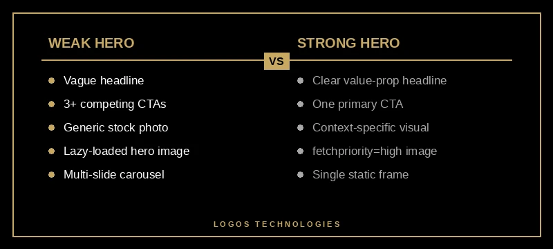 Two-column comparison of weak versus strong above-the-fold web design layouts