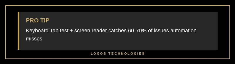 Use keyboard Tab test plus screen reader to catch 60-70% of issues automation misses